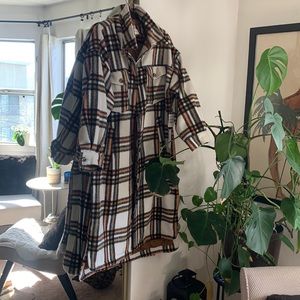 Treasure & Bond Plaid Long Shirt Jacket Cream- Orange Olive Plaid